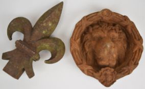 19th/20thC unusually large cast iron lion mask door knocker and a Fleur de Lys architectural