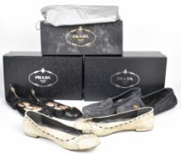 Three pairs of Prada shoes comprising navy suede loafers / driving shoes, size 39, beige/ grey