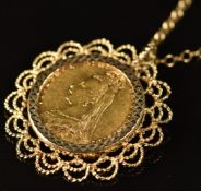 1888 gold full sovereign with Melbourne mint mark, in 9ct gold pendant mount, on 9ct gold chain,