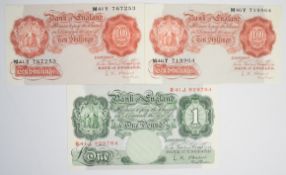 Three Bank of England L.K. O'Brien Britannia Series banknotes, comprising two 10 Shillings and a £