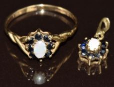 A 9ct gold ring set with an opal surrounded by sapphires, with matching pendant, 2.4g, size P