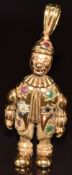 A 9ct gold pendant in the form of a clown set with a diamond, emerald, ruby and sapphire, 6.7g, 4.