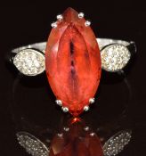 A 14k white gold ring set with a marquise cut synthetic spinel and moissanite, 4.1g, size U