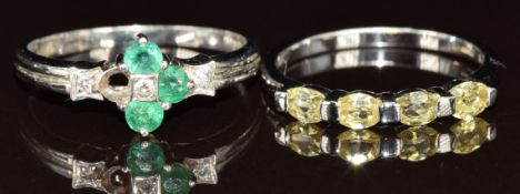 Two 9k white gold rings, one set with emeralds and diamonds and the other spinel, 4.2g, size N & Q