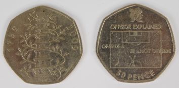 2009 Kew Gardens 50 pence coin, together with a 2011 'Off-side Rule' example