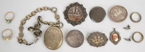 A collection of silver jewellery including brooches made from Victorian crowns, Victorian locket and