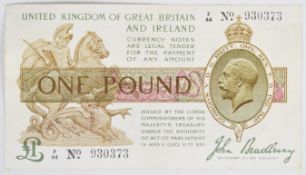 Bank of England John Bradbury £1 banknote, third Issue (January 1917). Two tiny pinholes below