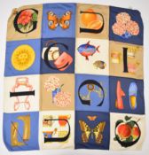 Gucci 'Icons' print silk scarf featuring sixteen colourful classic Gucci motifs such as 'Jackie'