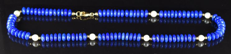 A lapis lazuli and pearl necklace with 18k gold clasp and spacers, 26cm