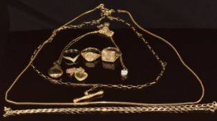A collection of 9ct gold including three rings, box link chain, heart pendant and chain, two chains,