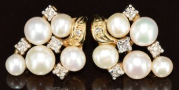 A pair of 9ct gold earrings set with pearls and diamonds, 2.4g, 1.4 x 1cm