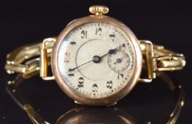 English 9ct gold ladies wristwatch with subsidiary seconds dial, blued hands, black Arabic numerals,
