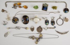 Three silver pendants, a brooch and earrings set with butterfly wing, silver and agate necklace,