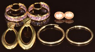 Four pairs of 9ct gold earrings including hoops, cameos and pink stones, 9.2g