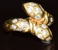 An 18k gold ring set with paste in the form of two serpents, 6.5g, size Q