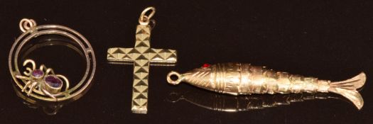 Edwardian 9ct gold pendant in the form of a spider set with amethysts, a 9ct gold cross (3g) and