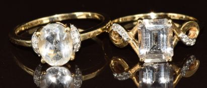 Two 9ct gold rings, one set with morganite and diamonds and the other morganite and white sapphires,