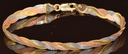 A 9ct gold tri-coloured plaited bracelet, 4.6g, 18.3cm