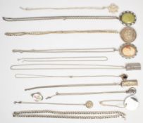A collection of silver jewellery including Jubilee medallion, two curb link necklaces, cameo