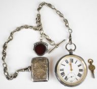 Continental silver cased pocket watch with white enamel dial, together with a hallmarked silver