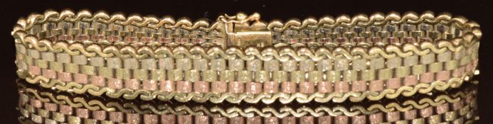 A 9ct gold tri-coloured bracelet made up of textured rectangular links and S shaped links, 21.4g,
