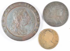1797 George III cartwheel twopence, 1717 George III halfpenny and a George II farthing