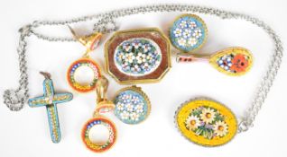 A collection of micro mosaic including two pairs of earrings, cross, two brooches and a pendant