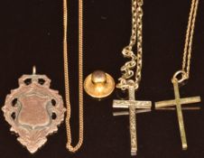 Three 9ct gold chains, two 9ct gold cross pendants, 9ct gold fob and a 9ct gold stud, 17.3g