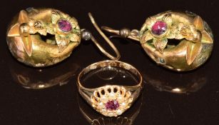 Victorian pair of yellow metal earrings set with paste and a children's 14ct gold ring set with