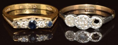 An 18ct gold ring set with diamonds and sapphires (3.6g, size O) and a 9ct gold ring set with