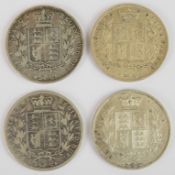 Four Victorian half crowns comprising 1850, 1875, 1877 and 1885, weight 55g
