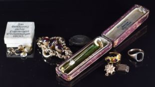 Two yellow metal stick pins set with old cut diamonds, Georgian silver clasp, 9ct gold Georgian/