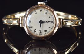 Unnamed 9ct gold ladies wristwatch with blued Breguet hands, black Arabic numerals, silver dial