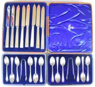 Three cased sets of hallmarked silver cutlery comprising Mappin & Webb set of teaspoons and tongs,
