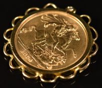 1964 gold full sovereign in 9ct gold pendant mount, 9.6g