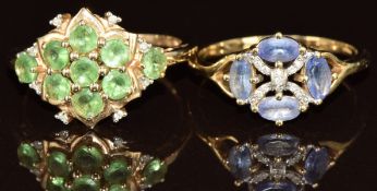 Two 9ct gold rings, one set with tanzanites and diamonds and the other green garnet and diamonds,