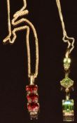 Two 9ct gold chains and two 9ct gold pendants set with peridot and garnets, 5.5g
