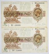 Two Bank of England N.F. Warren Fisher £1 banknotes, third issue (January 1917). Both notes show