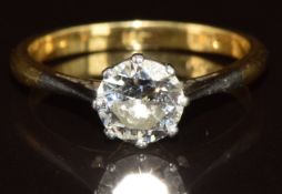 An 18ct gold ring set with a round brilliant cut diamond of approximately 0.9ct, 2.8g, size L