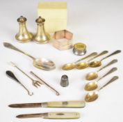 Hallmarked silver items comprising salt and pepper, hexagonal napkin ring, spoon, fork with mother