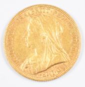 1893 Queen Victoria gold full sovereign, with veiled head and Melbourne mint mark