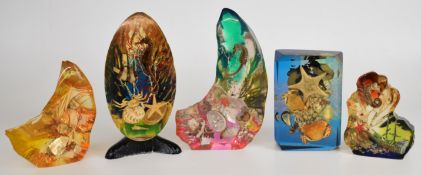 Five mid-century modern lucite / acrylic displays of sea life, including sea horses, starfish,