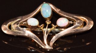 Art Nouveau 9ct rose gold brooch set with three opal cabochons, by Murrle Bennett, 1.6g, 3.2cm