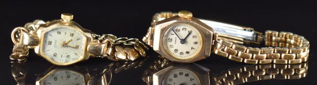 Two 9ct ladies wristwatches Cyma on 9ct gold heart bracelet (15g) and Hirco on gold plated bracelet,