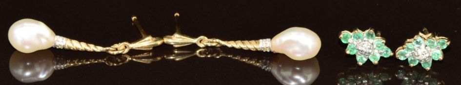 A pair of 9ct gold earrings set with emeralds and diamond, and a pair of 9ct gold earrings each
