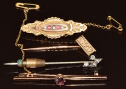 A white metal stick pin in the form of a quaver symbol, set with a baguette and two round cut