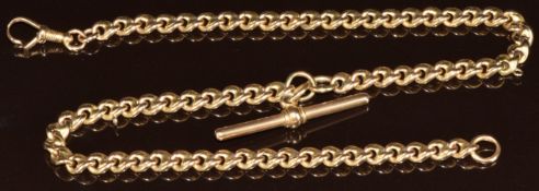A yellow metal watch chain with T bar, 35.2g, 36cm