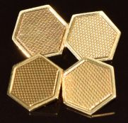 A pair of 18ct gold hexagonal cufflinks with engine turned decoration, 7.2g