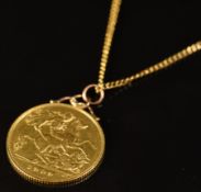 1909 gold half sovereign on 9ct gold chain, 6g, 40cm