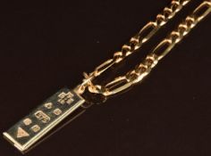 A 9ct gold Millennium ingot pendant with feature hallmarks, on curb link necklace, 31.2g, 49cm, 3.